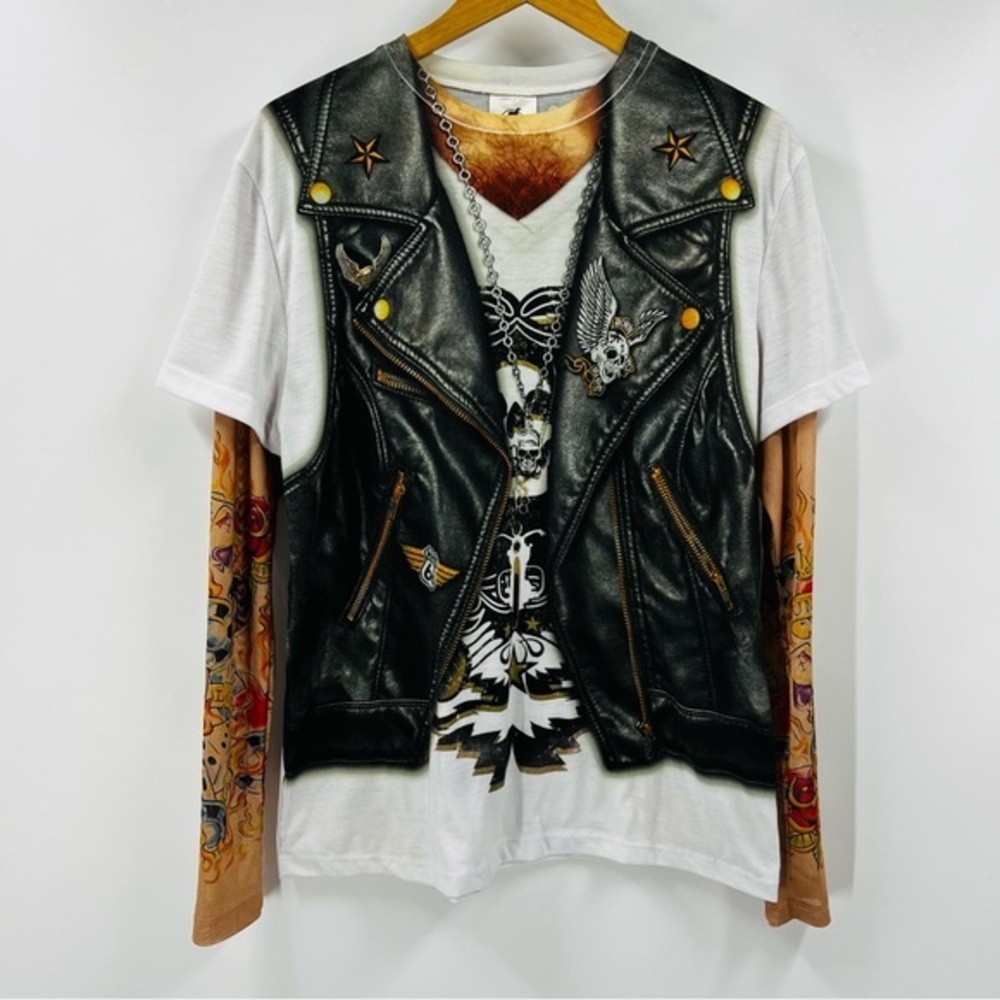 Spirit Halloween Biker Costume Shirt Tattoo Sleeves Trompe L'oeil Mens Medium
